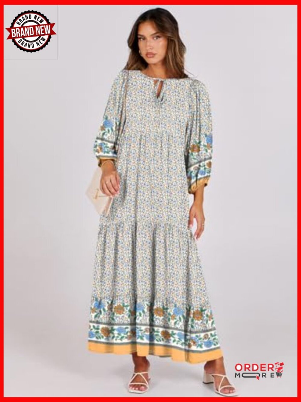 V Neck Puff Sleeve Floral Maxi Dress Boho Tiered Swing - Picture 6 of 7